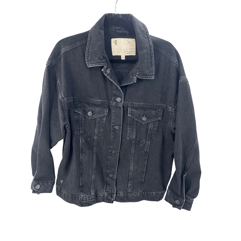 Pilcro Trucker Jacket Size S Black Stretch Denim Dark Wash Collared Front-Button - Picture 3 of 10